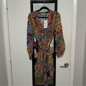 Zara Red and Blue Mini Dress with Bishop Sleeves and Scoop Neck